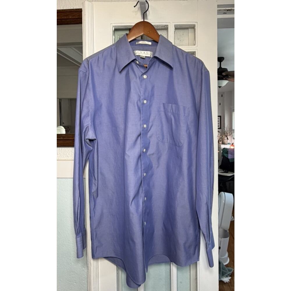 ENRO Shirt Men 16 1/2 Blue Long Sleeve Button Down Blue Non Iron Cotton Dress